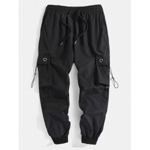 Mens Solid Color Bungee Cords Pockets Designer Casual Jogger Pants