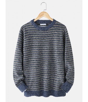 Mens Stripe Round Neck Warm Vintage Knitted Sweaters