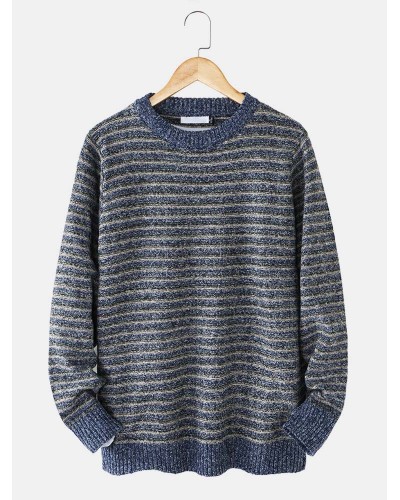 Mens Stripe Round Neck Warm Vintage Knitted Sweaters