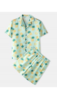 Mens Pajama Set Funny Pineapple Print Faux Sik Revere Collar Smooth Breathable Home Sleepwear