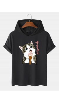 Mens Cute Cat Japanese Print Short Sleeve Drawstring Hooded T  Shirts