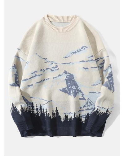 Men Landscape Mountain Drop Shoulder Loose Pullover Knitted Sweaters