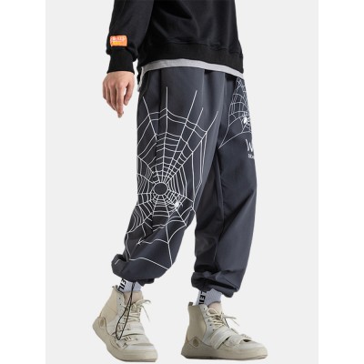 Mens Spider Web Letter Print Cotton Drawstring Cuff Pants