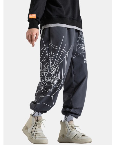 Mens Spider Web Letter Print Cotton Drawstring Cuff Pants