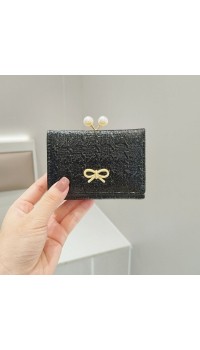 Ruched Textured Bow Pearl Clip Tri  Fold Short Wallet  Black