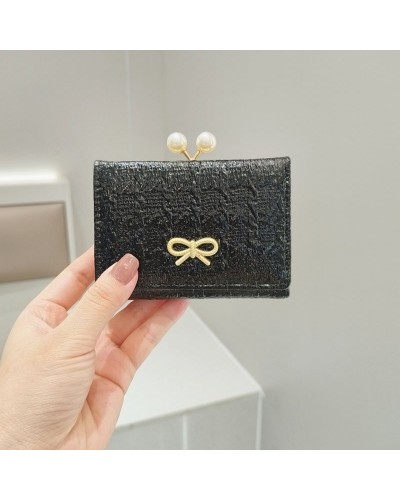 Ruched Textured Bow Pearl Clip Tri  Fold Short Wallet  Black