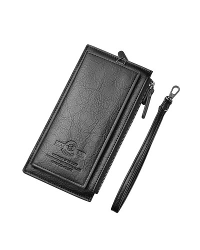DEABOLAR Men Long Wallet Retro PU Soft Leather Hand Strap Clutch Mobile Phone Bag  Black