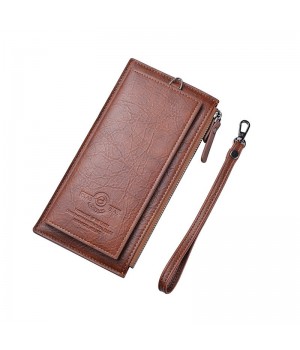 DEABOLAR Men Long Wallet Retro PU Soft Leather Hand Strap Clutch Mobile Phone Bag  Brown