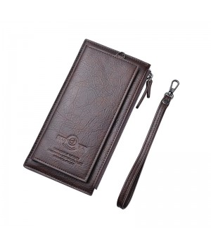 DEABOLAR Men Long Wallet Retro PU Soft Leather Hand Strap Clutch Mobile Phone Bag  Dark Brown