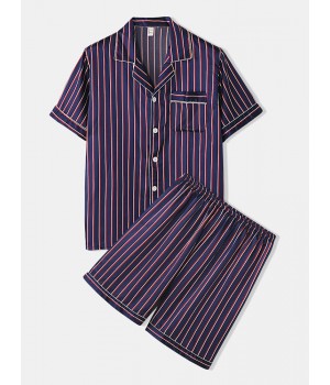 Mens Striped Smooth Revere Collar Pocket Button Up Home Faux Silk Pajama Set