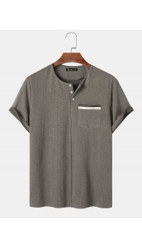 Mens Chevron Texture Half Button Collarless Short Sleeve T  Shirts