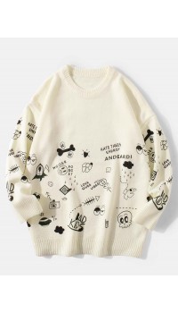 Mens Cute Cartoon Print Round Neck Long Sleeve Knitted Pullover Sweaters